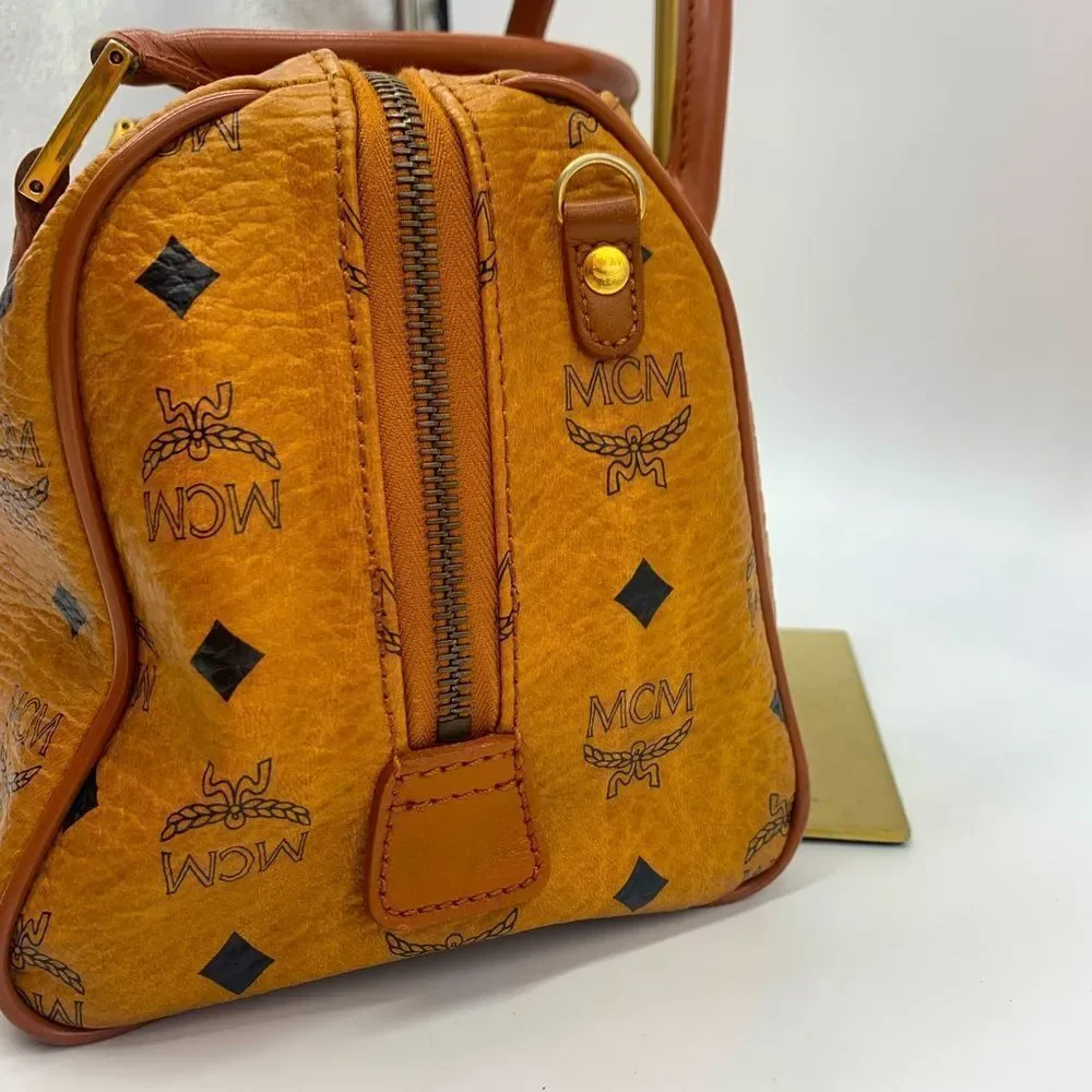 Auth MCM Visetos Cognac Brown Coated Canvas Leather Boston Tote Handbag Preloved